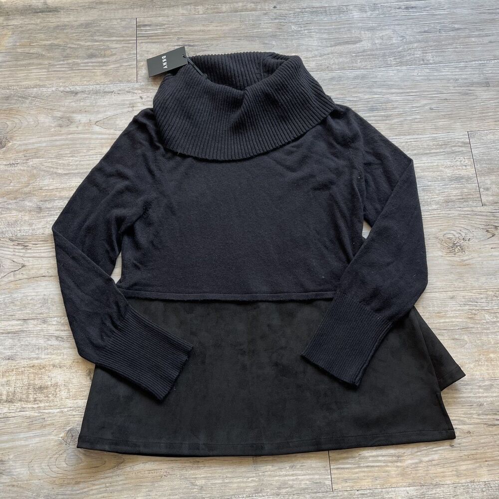 DKNY Sweater Turtle Neck Large NWT Black Knit Suede Fall